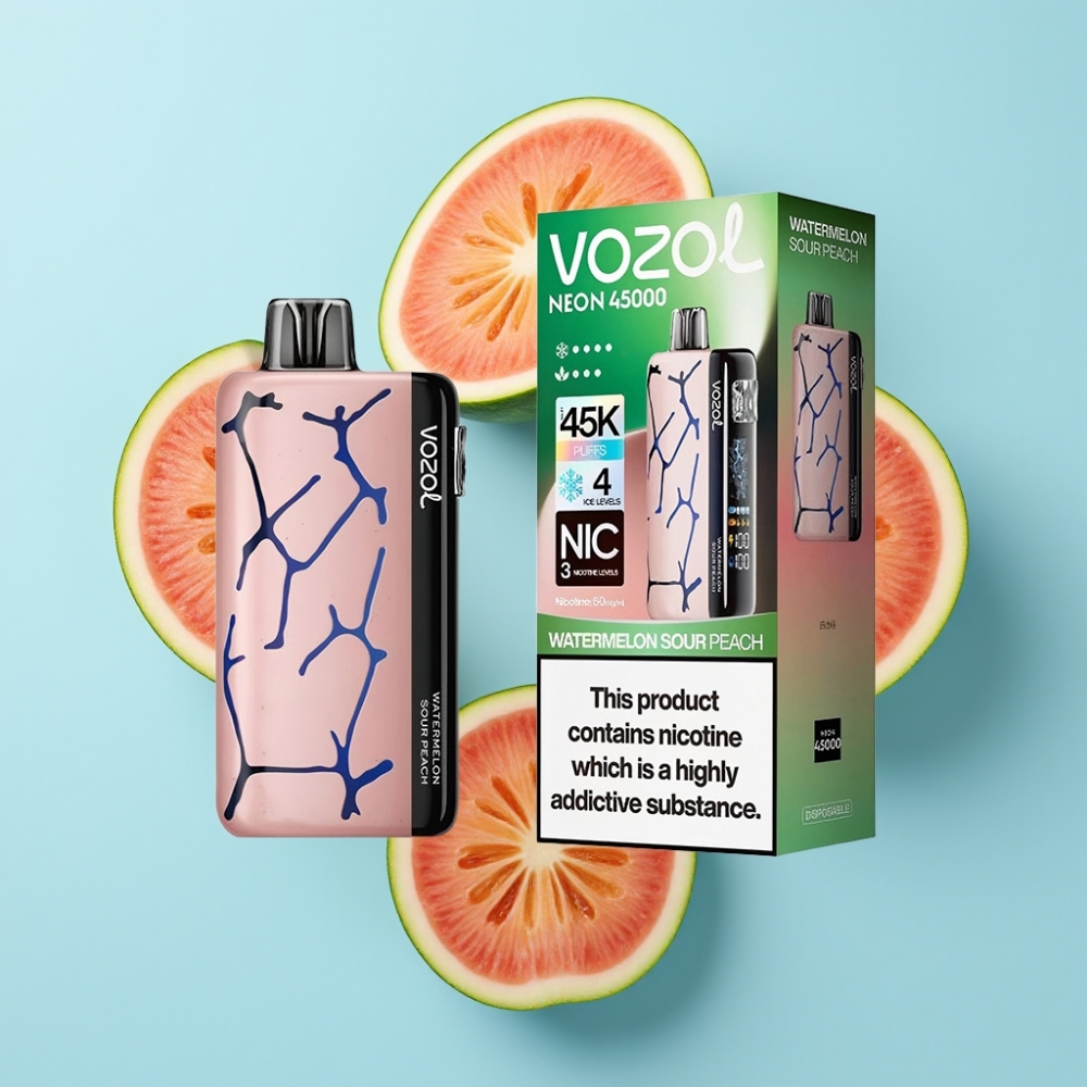 Vozol Neon 45K 45000 Puffs Disposable Vape Lubenica-Kiseli Breskva, 20ml 800mAh